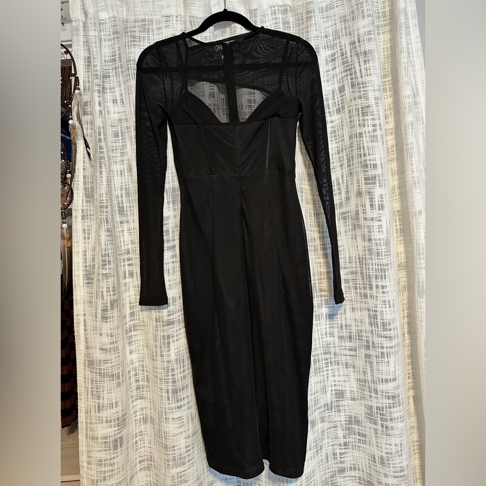 Elegant Black Mesh Long Sleeve Dress